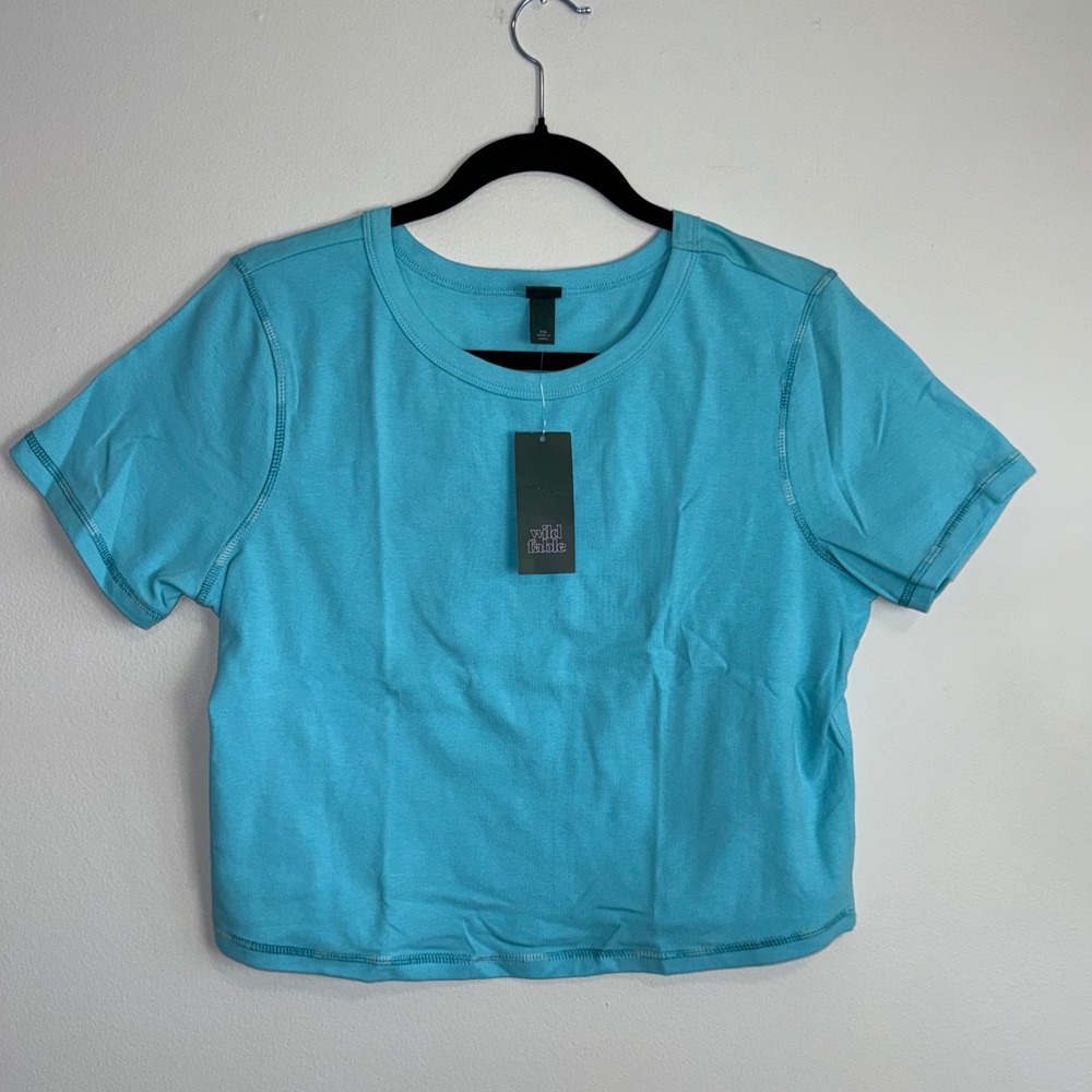 Wild Fable Womens XXL Bright Blue Cropped Baby Tee Short Sleeve Contrast Stitch - Picture 2 of 7